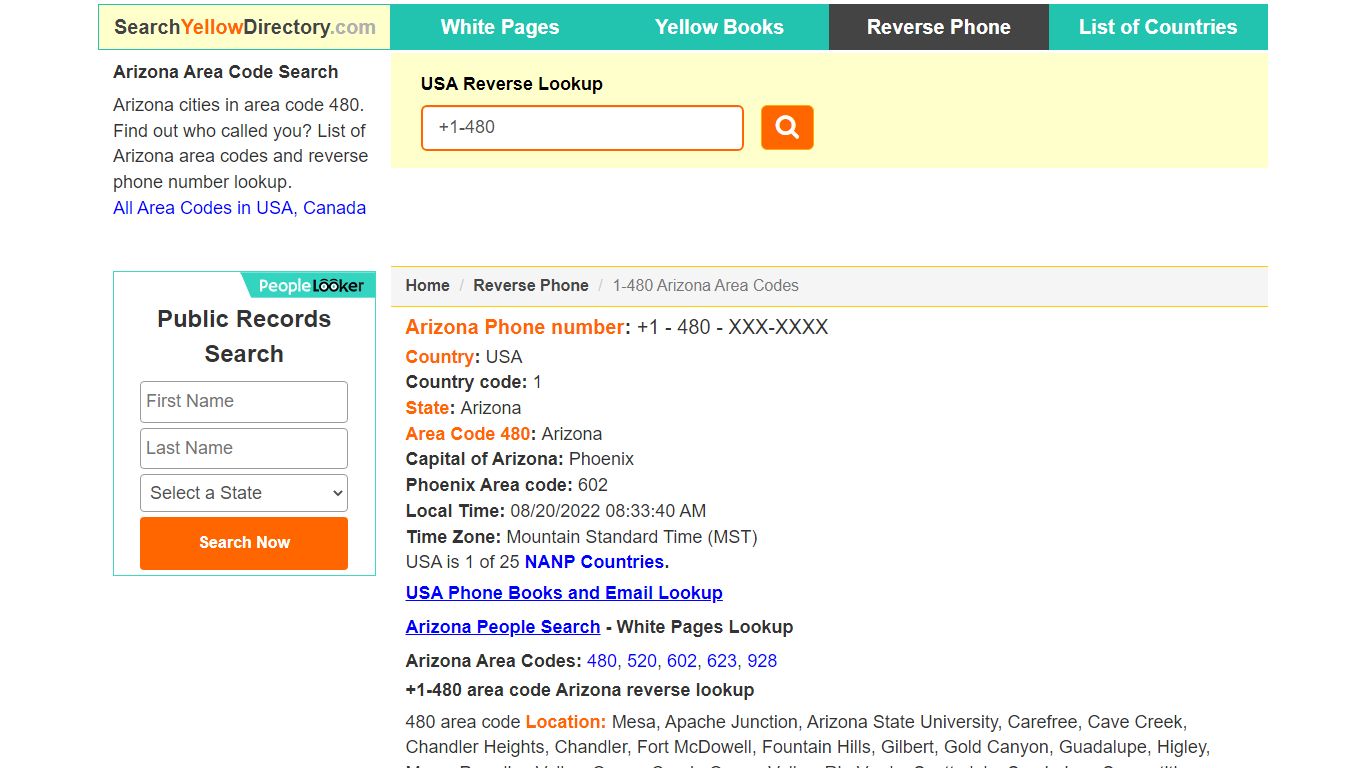 Arizona Area Code 480 Reverse Phone Number Lookup